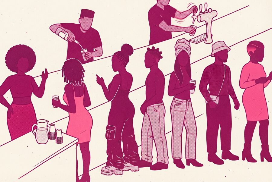 a queue along a bar, taps pouring, water and cups at the near end