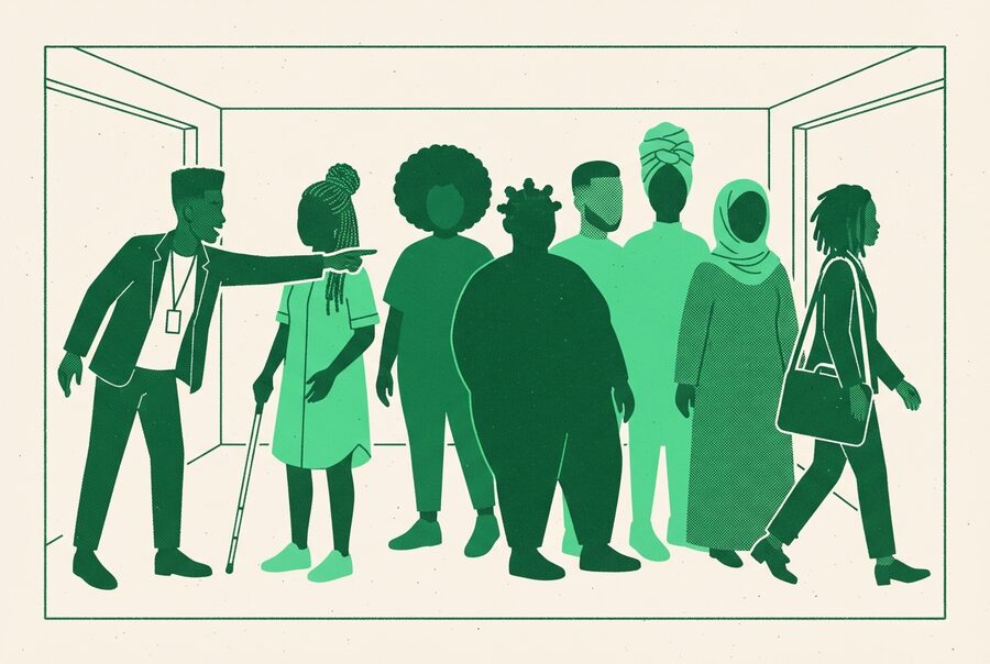 a help point: someone pointing the way, a white cane in the group