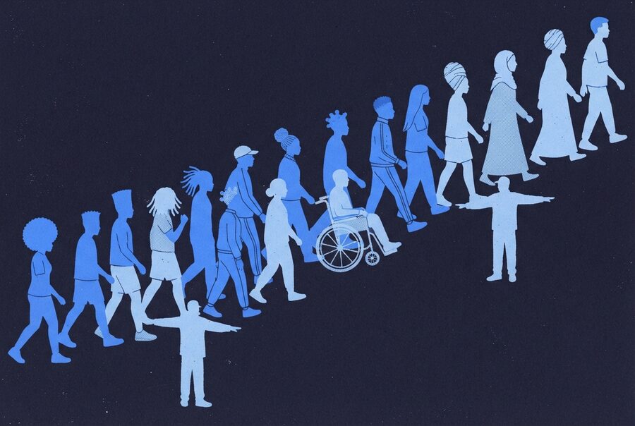 a concourse moving on the diagonal, a wheelchair holding its line