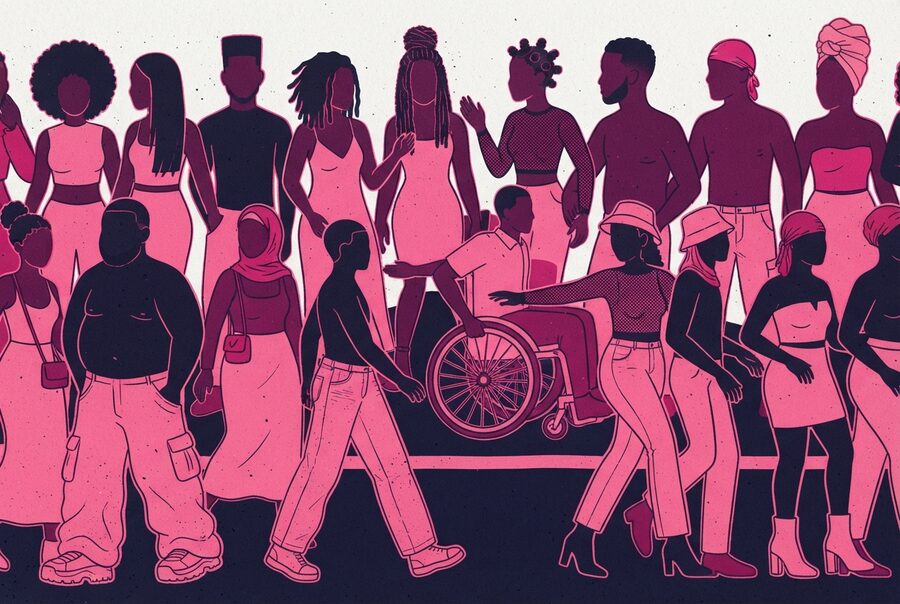 a crowded floor with a clear lane kept open for a wheelchair
