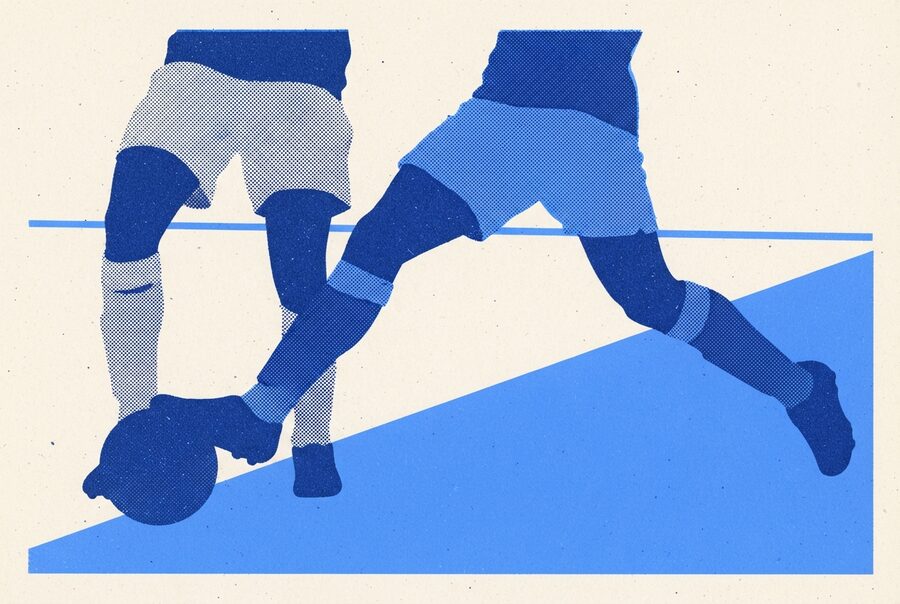 two pairs of legs contesting a ball on the diagonal