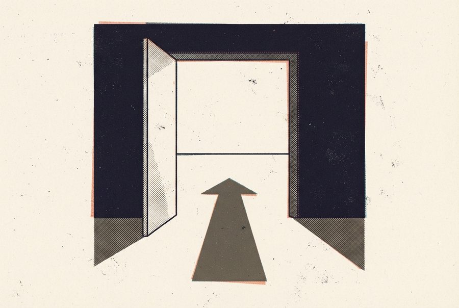 a wide doorway standing open onto clear floor, with an arrow pointing through it