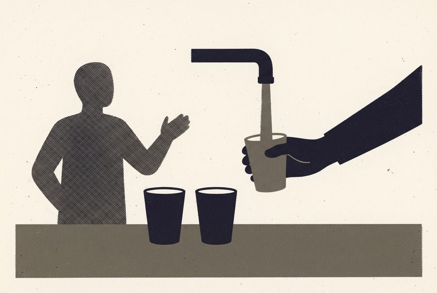 a hand filling a cup from a tap, with more cups waiting