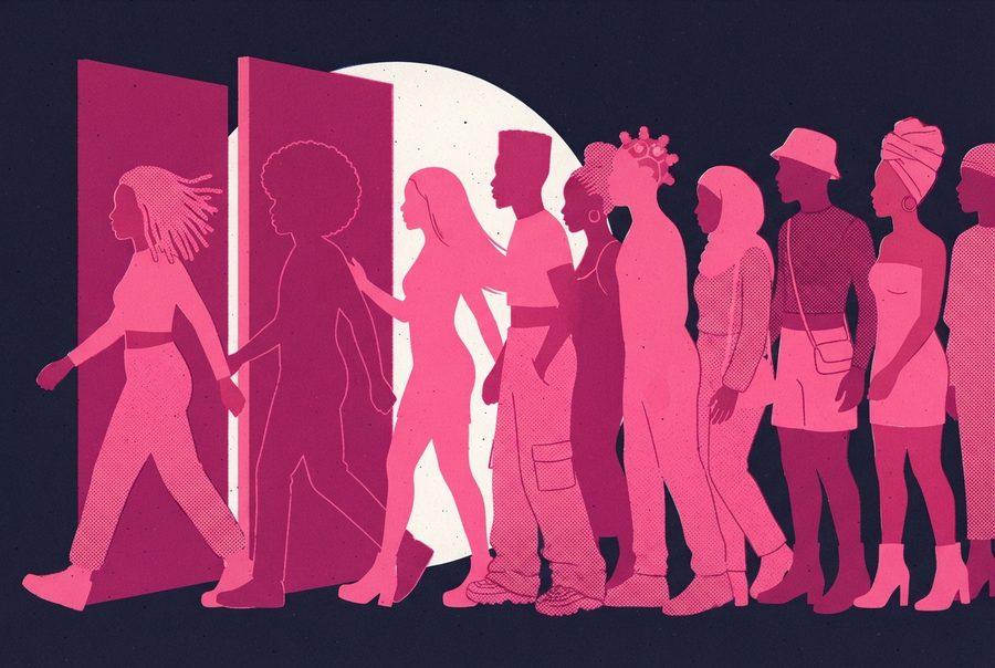 a queue pressing through a club doorway late at night