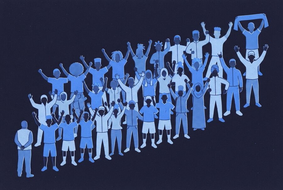 a stand on its feet, arms up, one scarf held overhead